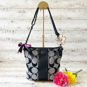 Coach Signature Jacquard Shoulder Bag Black White Leather Trim